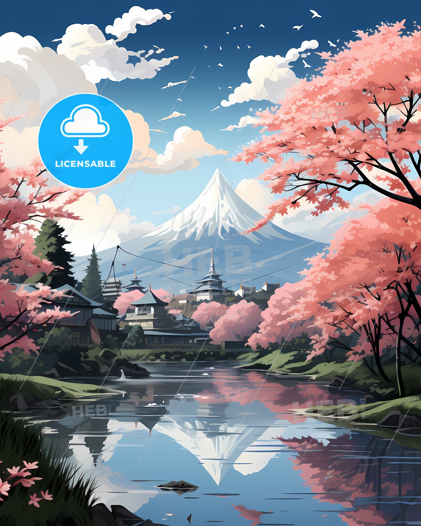 Stunning Hand-Painted Serang Indonesia Skyline with Vibrant Pink Blossoms and Majestic Mountain