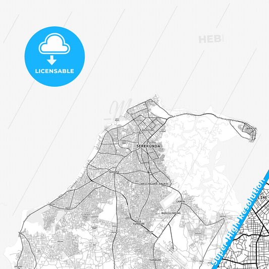 Serekunda, Gambia light map with streetnames, citynames and districts