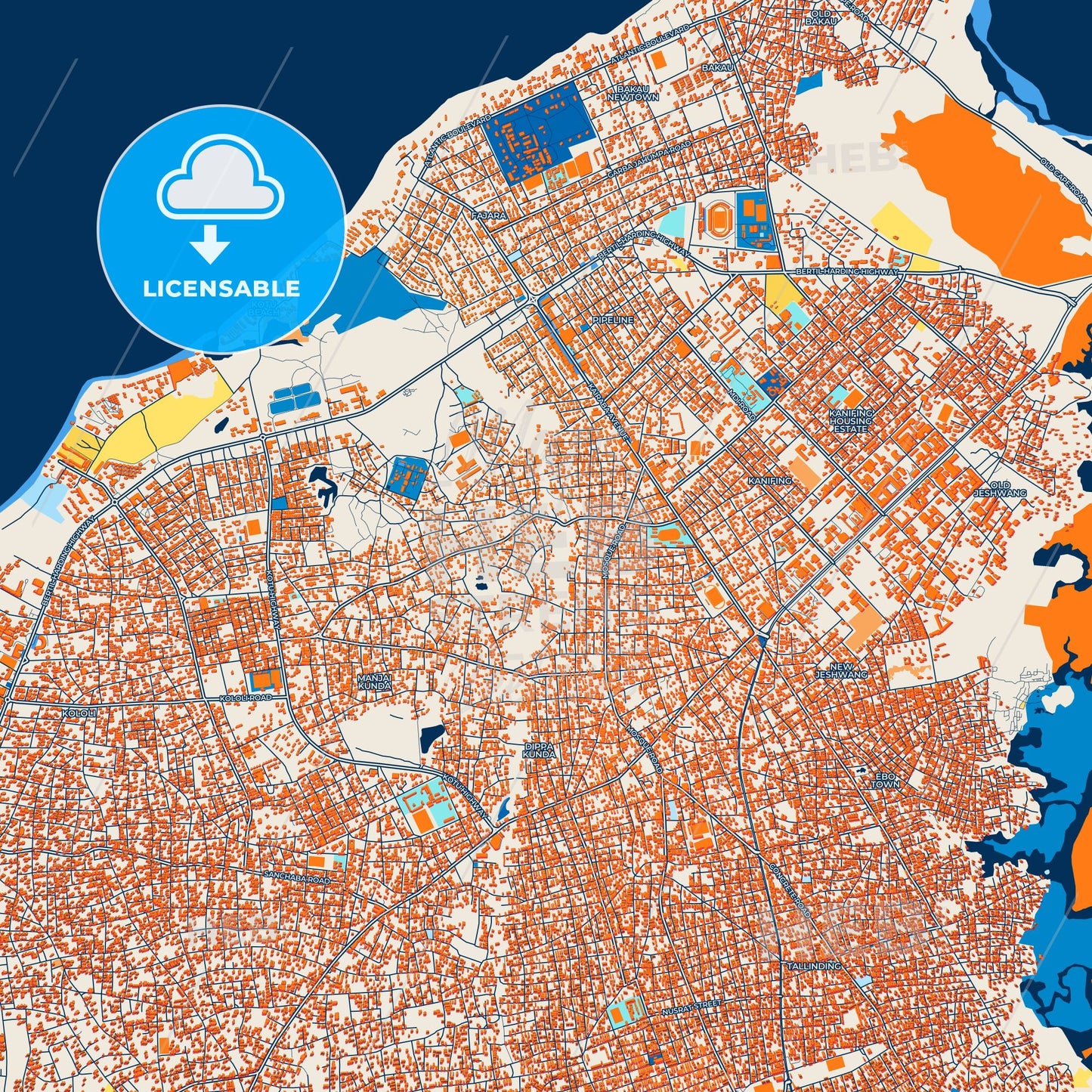 Colorful Serekunda Street Map with Labels and Buildings