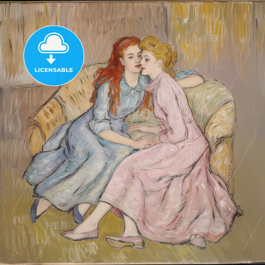 Serene Companionship: Two Figures Embracing Comfort on a Sofa