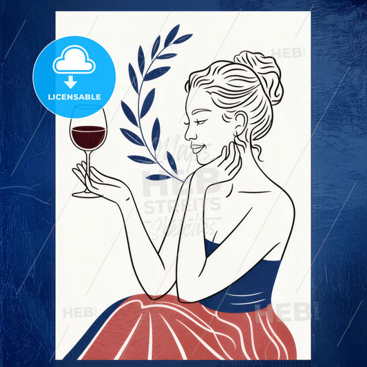 Serene Elegance: Minimalist Line Art of a Woman Enjoying Wine in Contemplation