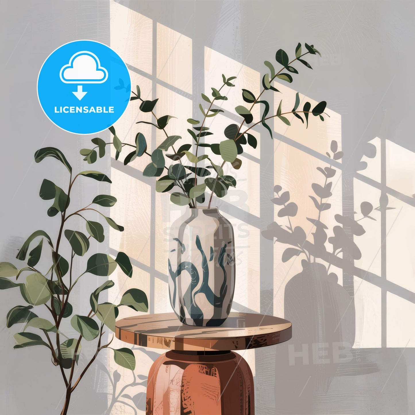 Serene Eucalyptus Still Life: Light and Shadow in a Cozy Interior Retreat