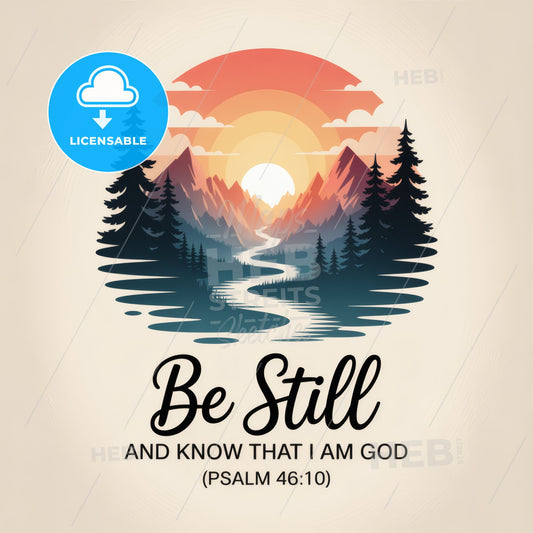 Serene Landscape with Inspirational Quote: 'Be Still and Know That I Am God' – Spiritual and Motivational Design.