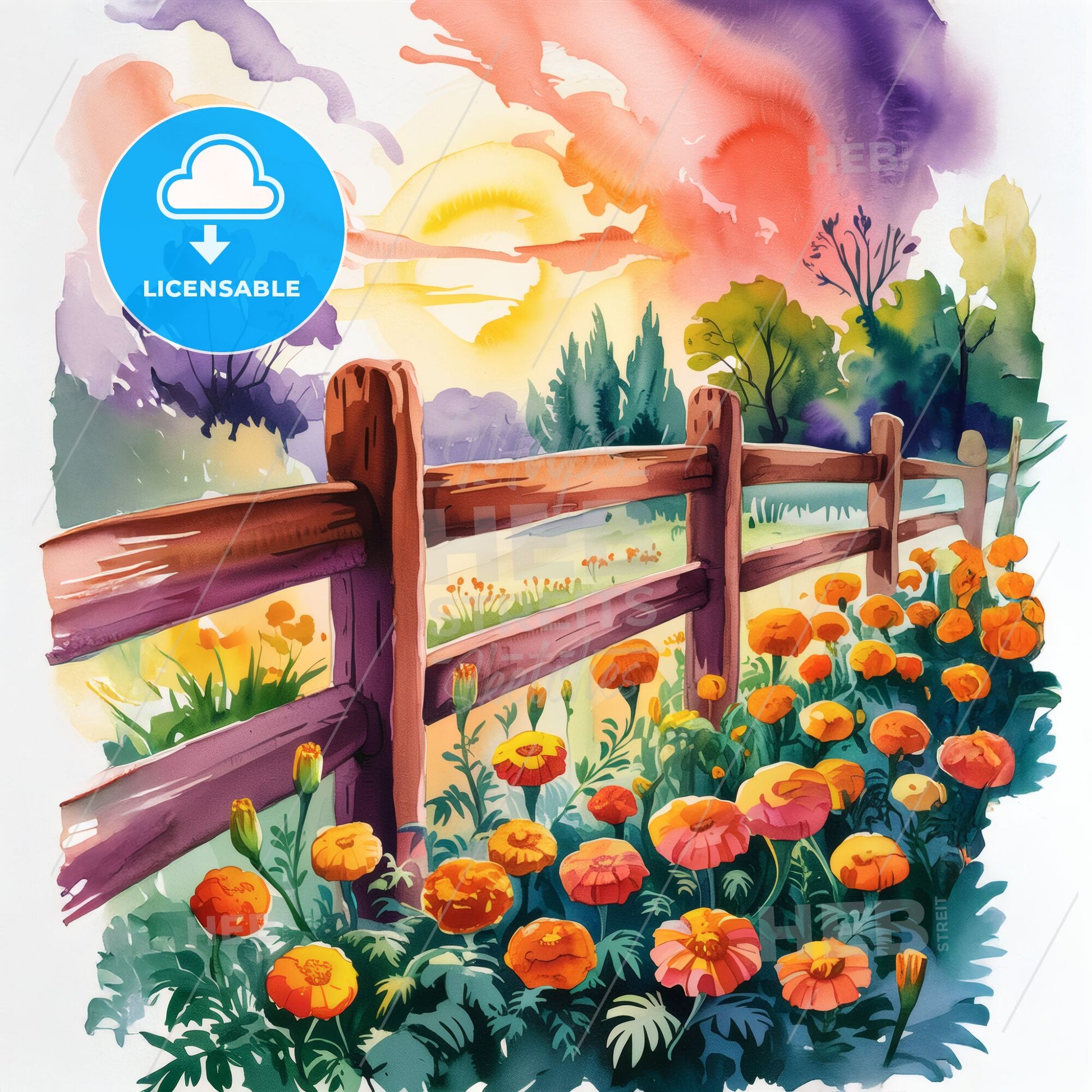 Serene Sunset Serenity: Vibrant Marigolds Embrace a Rustic Fence at Dusk