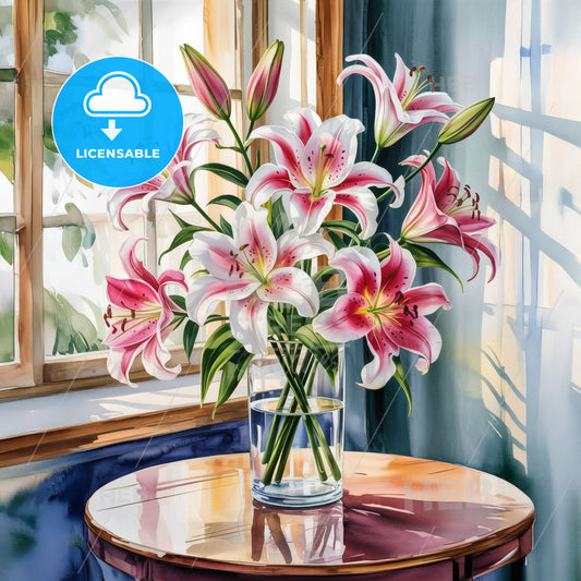 Serenity in Bloom: Impressionistic Watercolor of Lilies in Sunlit Elegance