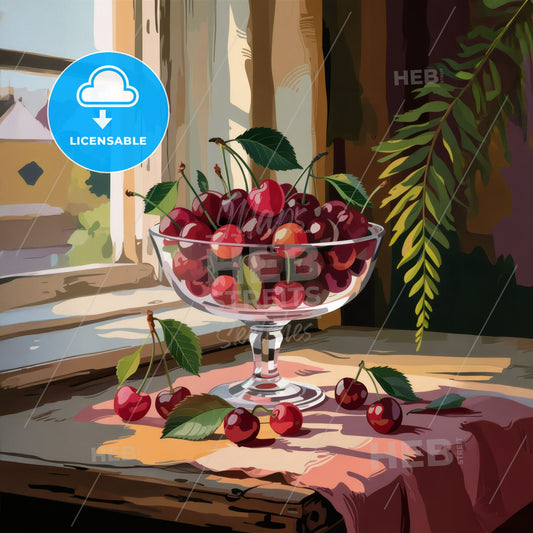 Serenity in Still Life: Cherries in Glass Bowl with Natural Light & Warmth