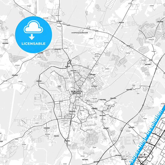 Sergiyev Posad, Russia light map with streetnames, citynames and districts