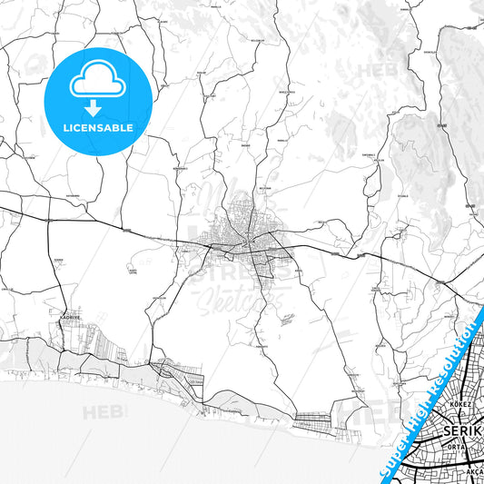 Serik, Turkey light map with streetnames, citynames and districts