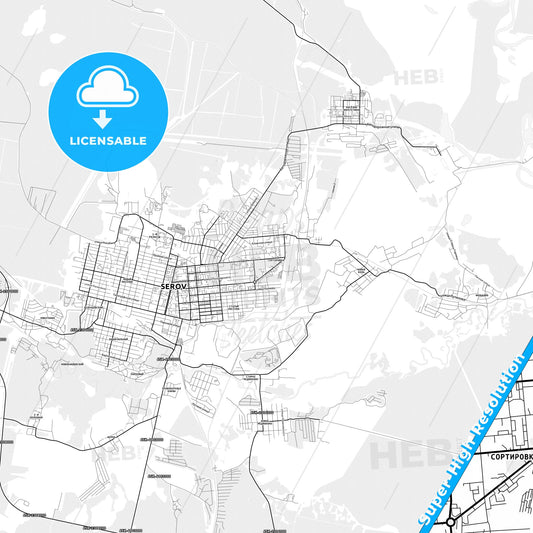 Serov, Russia light map with streetnames, citynames and districts