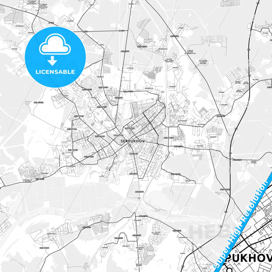 Serpukhov, Russia light map with streetnames, citynames and districts
