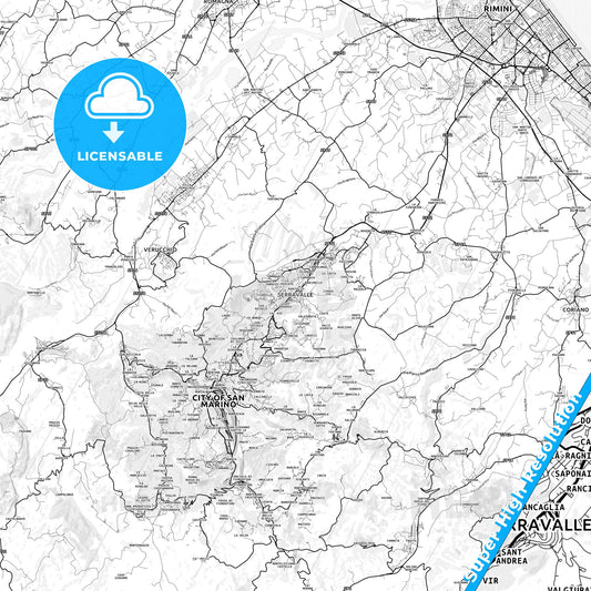 Serravalle, San Marino light map with streetnames, citynames and districts