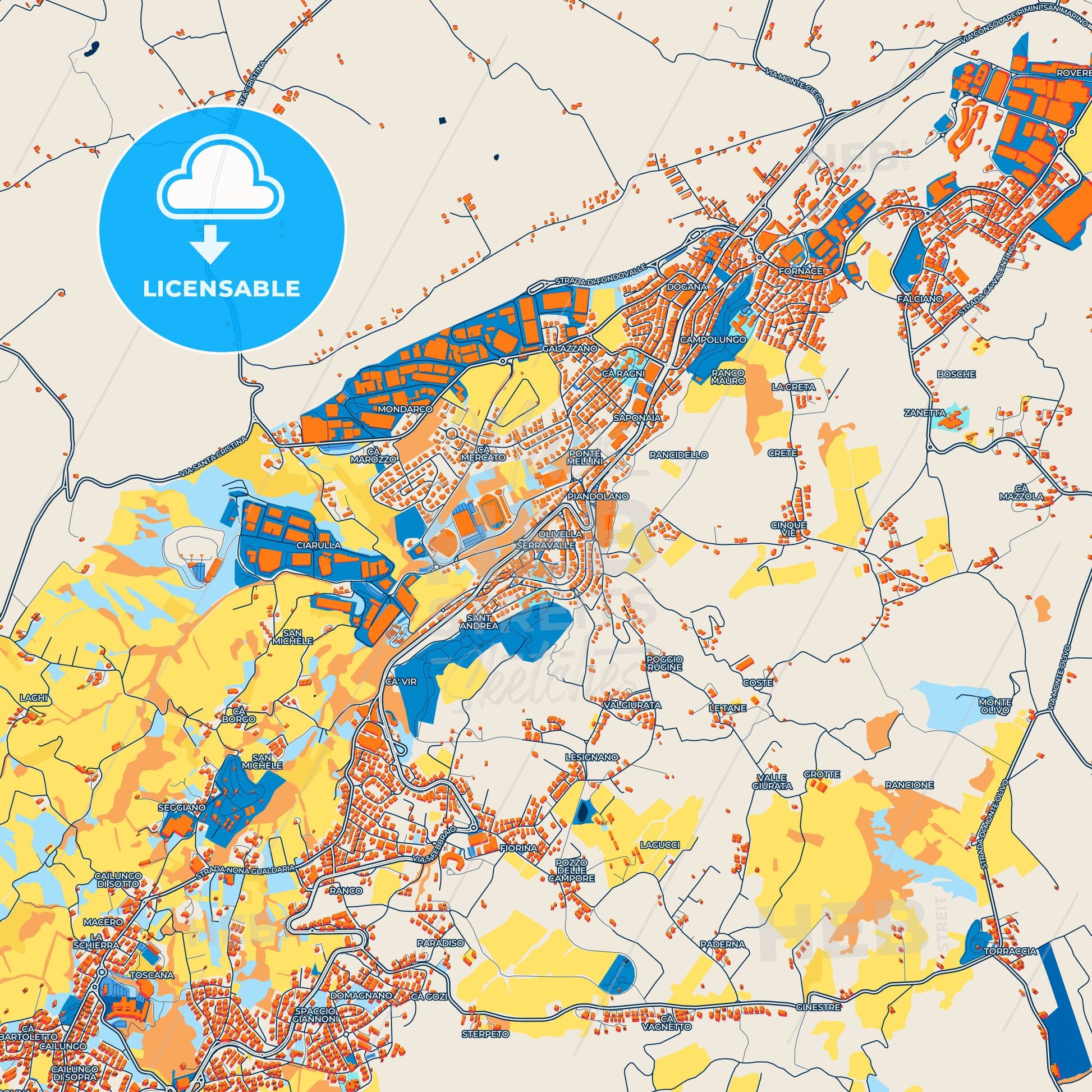Colorful Serravalle Street Map with Labels and Buildings