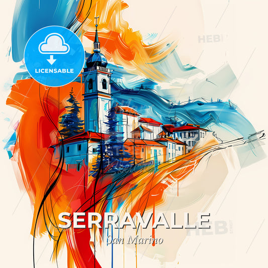 Vibrant Serravalle, San Marino - A Painting Of A Building With A Tower - Square format print template
