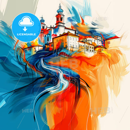 Vibrant Serravalle, San Marino - A Painting Of A Building On A Hill