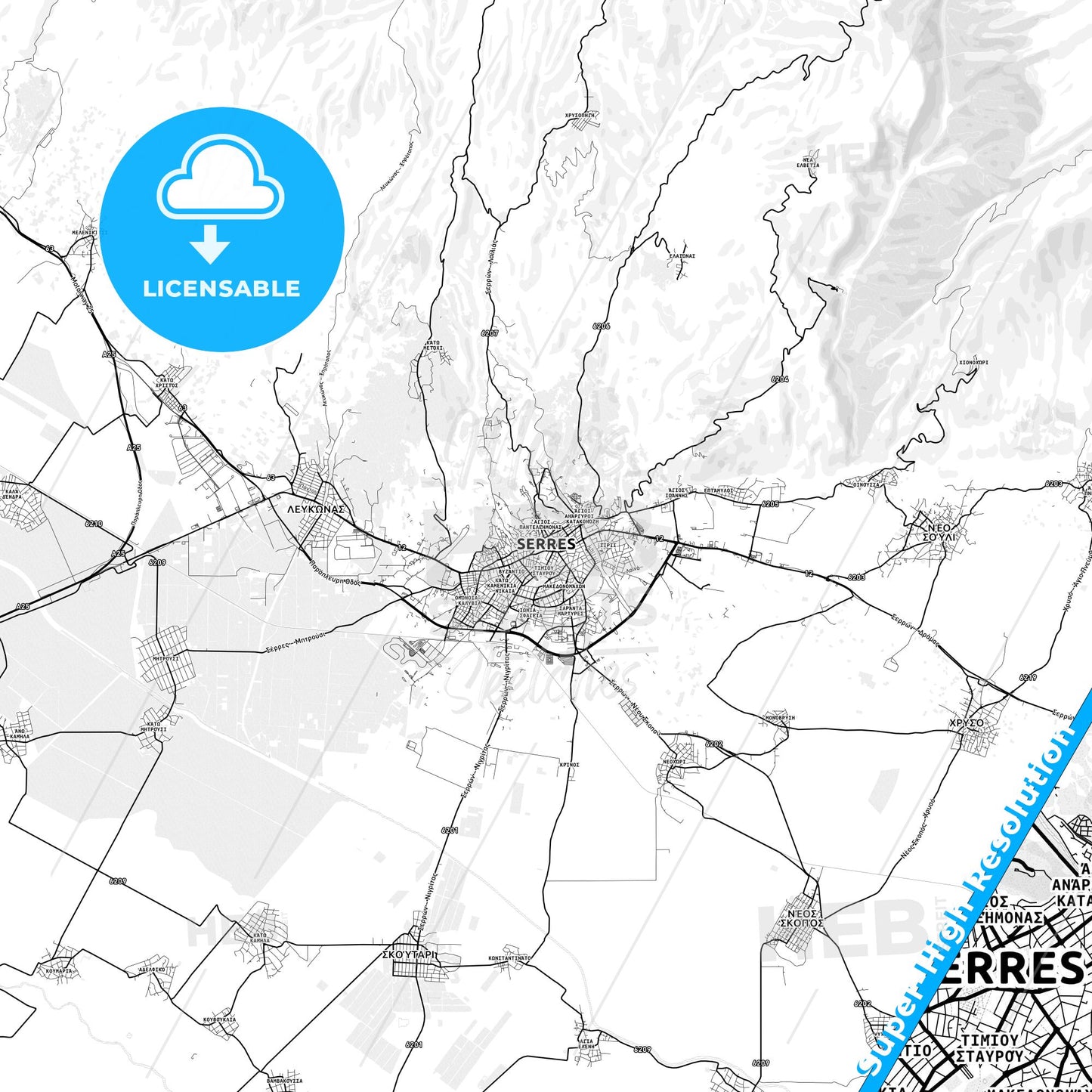 Serres, Greece light map with streetnames, citynames and districts