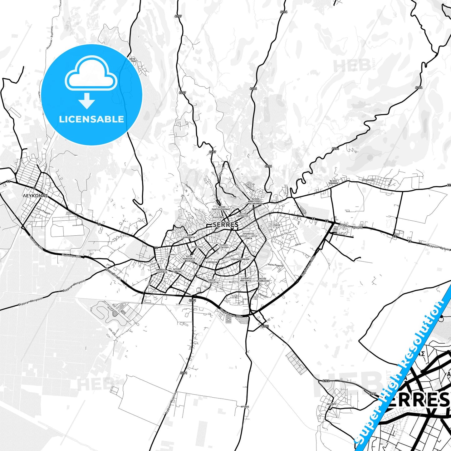 Serres, Greece Light Map with Street Names, City Names, and Districts