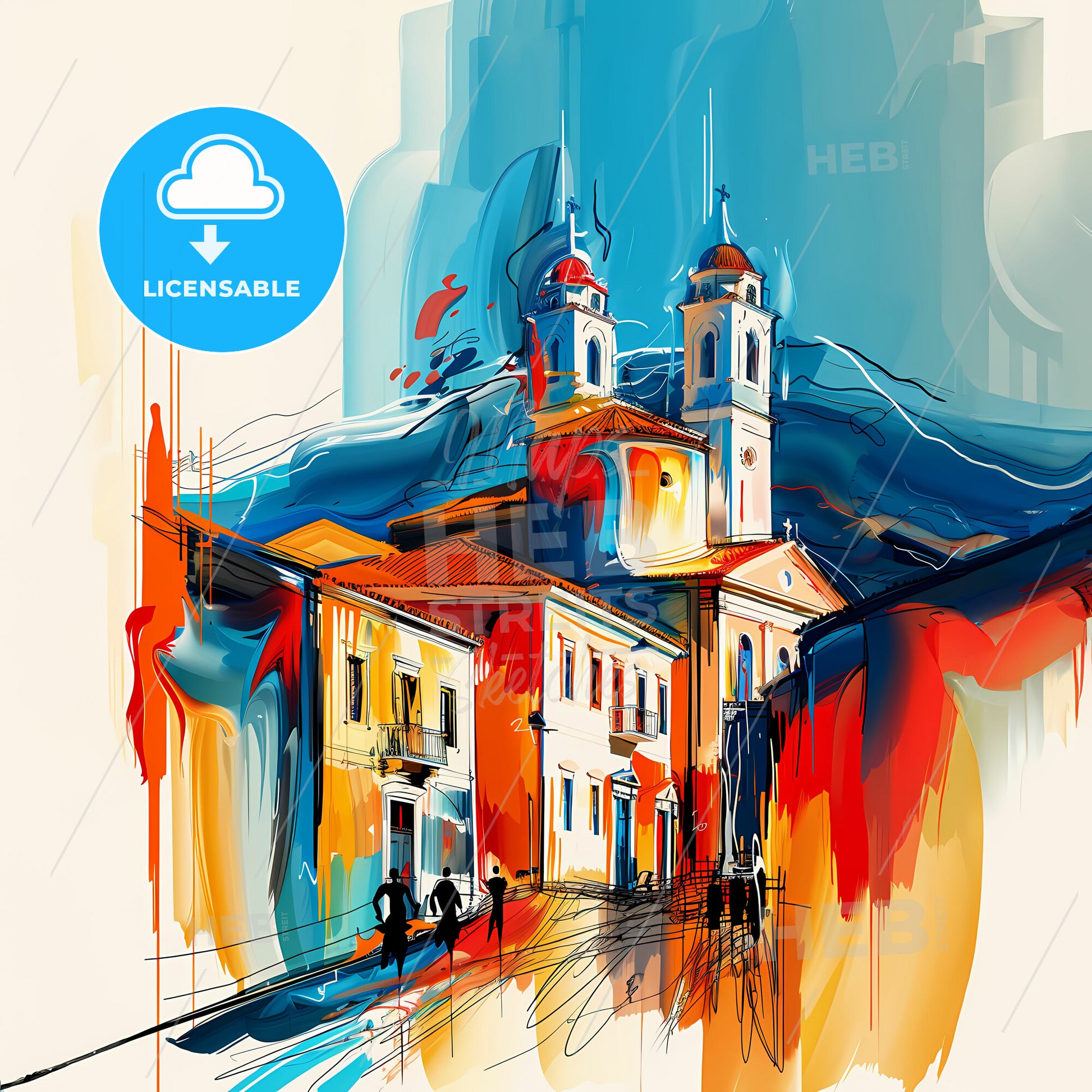 Vibrant Serres, Greece - A Painting Of A Building With A Steeple And People Walking
