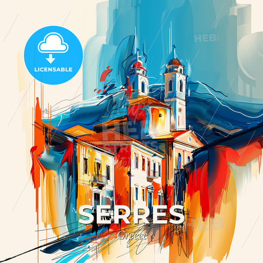 Vibrant Serres, Greece - A Painting Of A Building With A Steeple And People Walking - Square format print template