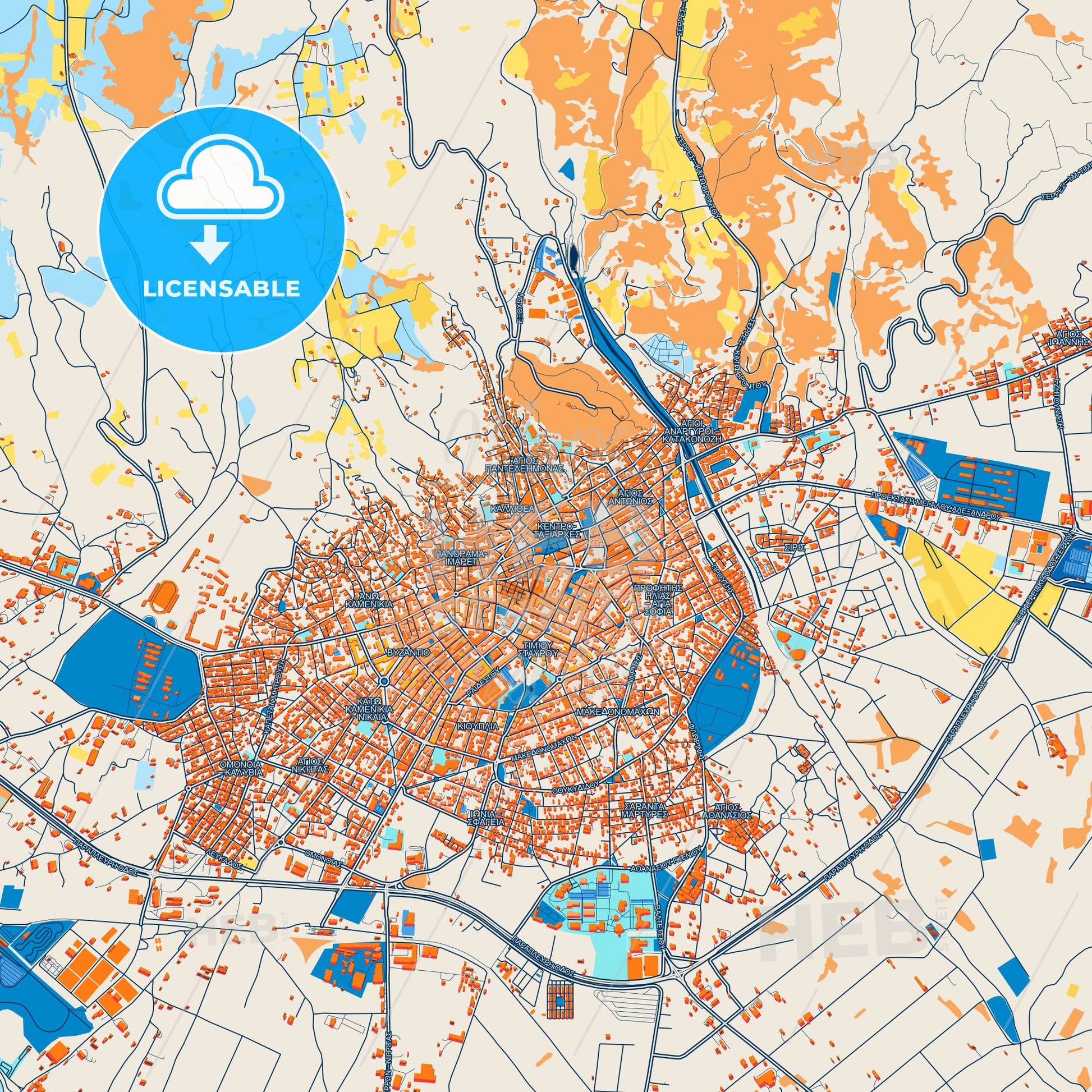 Colorful Serres Street Map with Labels and Buildings