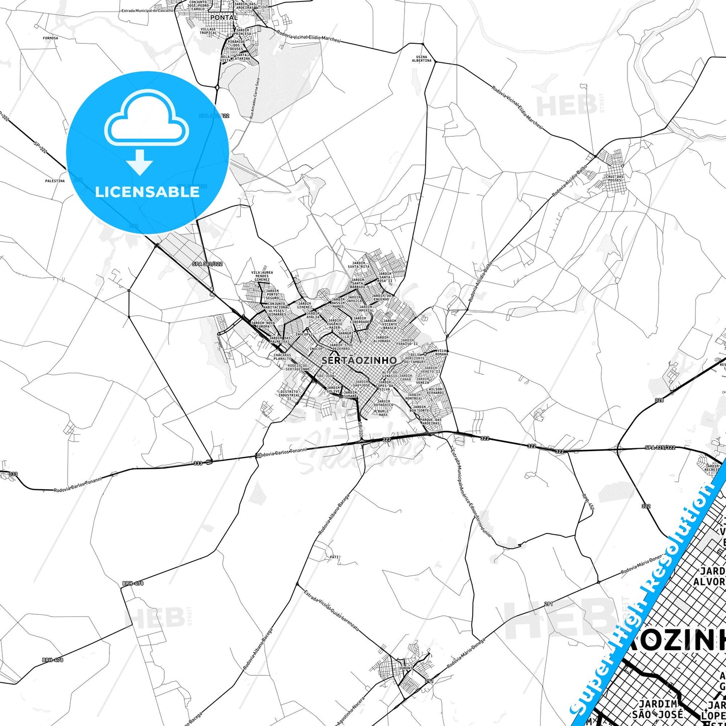 Sertaozinho, Brazil light map with streetnames, citynames and districts