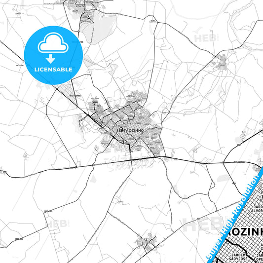 Sertaozinho, Brazil light map with streetnames, citynames and districts