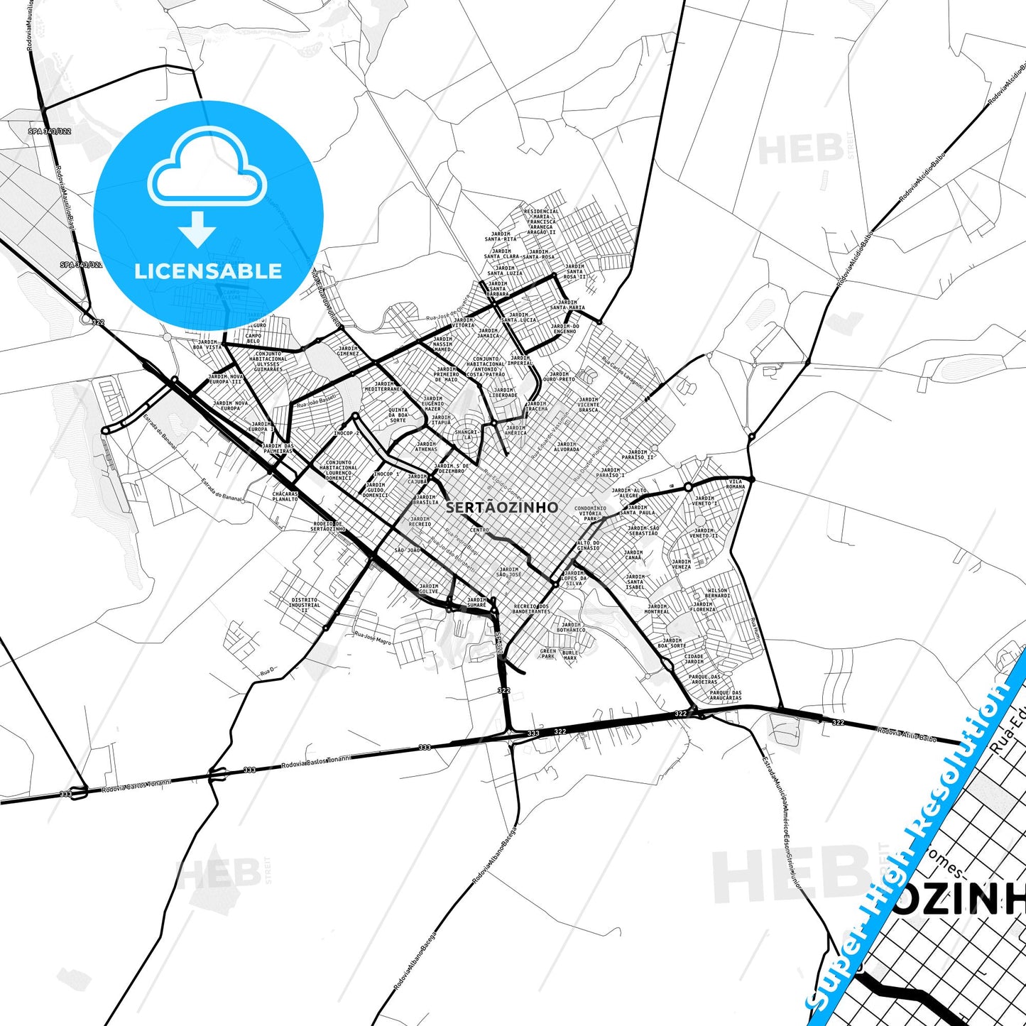 Sertaozinho, Brazil Light Map with Street Names, City Names, and Districts