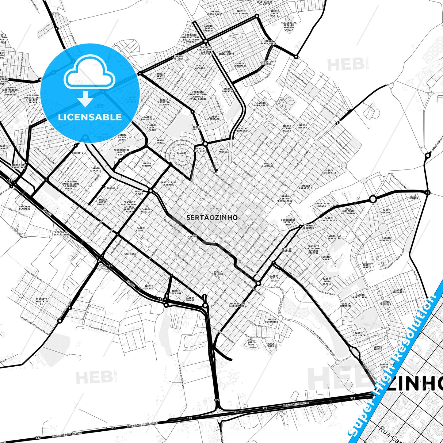 Sertaozinho, Brazil Light Map with Street Names, City Names, and Districts