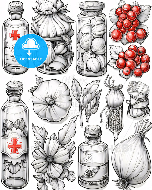 Red Cross Iconography: Striking Sketches On Bright Canvas - A collection of black and white drawings of various objects