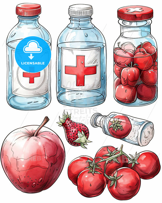 Bold Red Cross Icons: Modern Sketch Art - A group of glass bottles and fruits