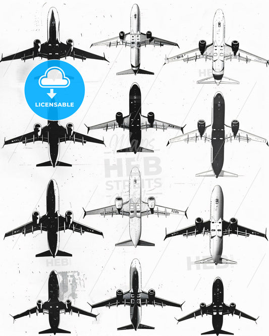 Aviators Assemble: Black and White Airplane Sketch - A collage of different types of airplanes