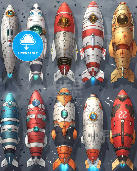 Airships of Yesteryear: Black and White Sketches - A group of rockets with lights