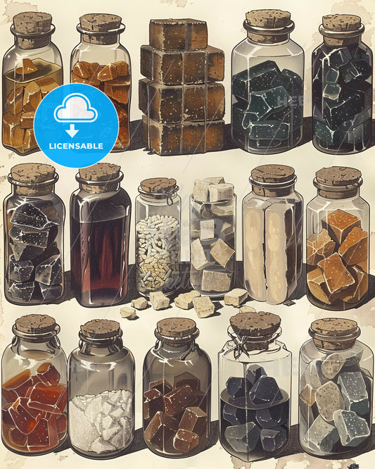 Sketchy Beet Sugar Varieties on Bright Paper - A group of glass jars with different colored cubes