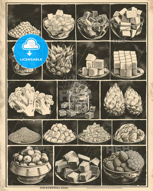 Beet Sugar Sketch Variety on Bright Background - A black and white picture of different types of food