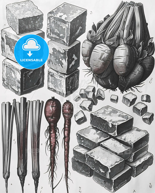 Beet Sugar Sketchery: Sweet Black and White Illustration - A black and white drawing of vegetables and cubes