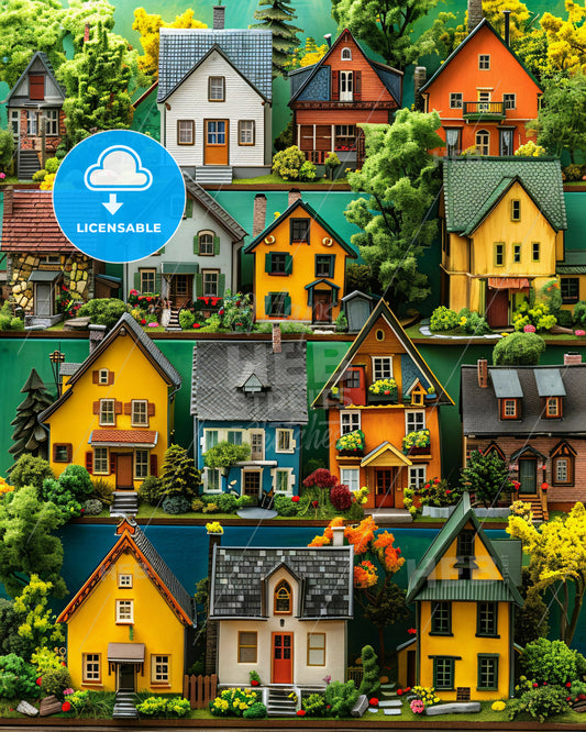 Distinctive House Sketches on Bold Background - A group of colorful houses