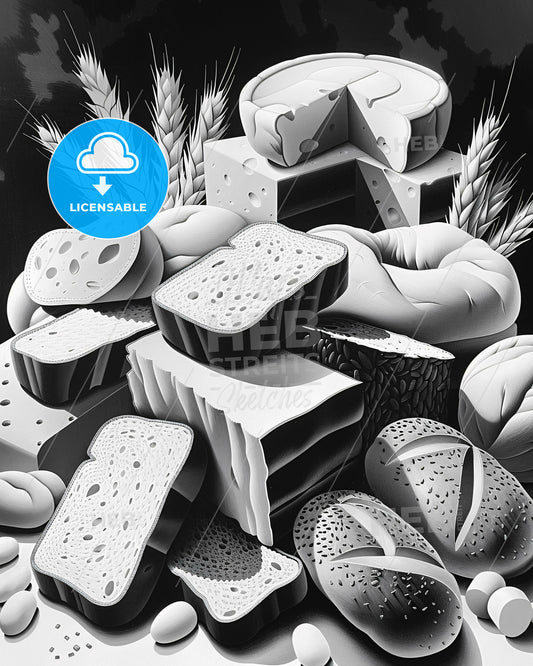 Handcrafted Sketch of Diverse Bread Varieties - A group of breads and wheat
