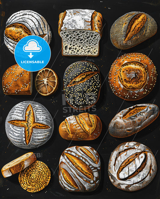 Bread Line Art Bright Canvas Sketch - A group of different types of bread