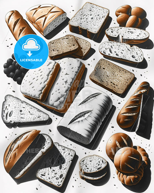 Bread Bonanza: Black and White Epicurean Art - A group of different types of bread
