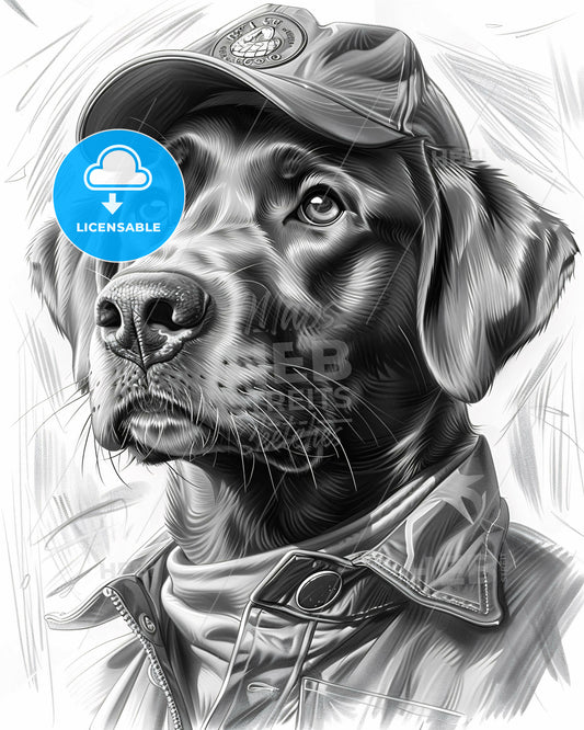 Canine Contour: A Sketchbook of Diverse Dogs - A black and white drawing of a dog wearing a hat
