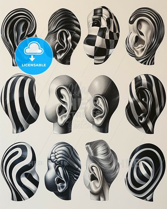 Ears: Ink Lines on Bright Background - A group of images of human heads