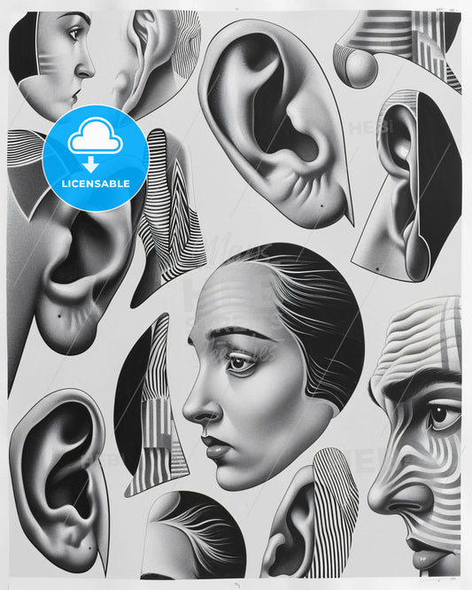 Ethereal Ear Symphony: Ink on Pristine Canvas - A black and white image of human ear and head