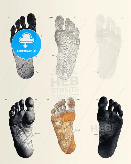Feet Parade: Line Art Showcase on Bright Paper - A foot model showing different colors