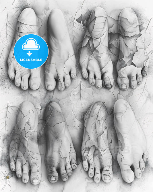 Celebrate the Beauty of Divers Feet in Black and White - A group of feet with cracked leaves
