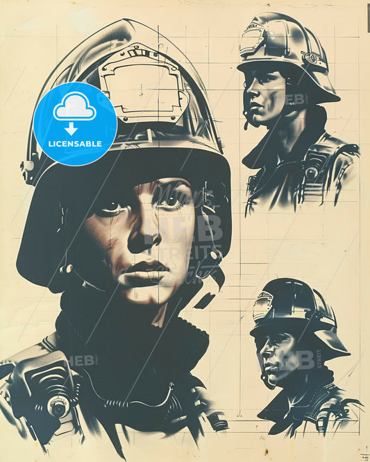 Bold Firefighter Icons: Sketch Art for Fiery Walls - A woman wearing a helmet