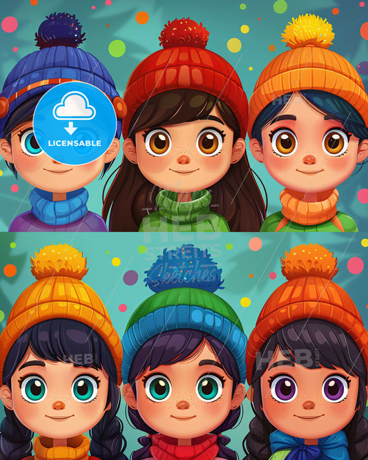 Minimalist Girl Power Black and White Sketch Line Art - A group of girls wearing hats