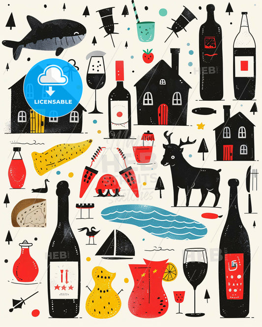 Hostel Icons: Line Art on Bright Paper - A collage of various objects