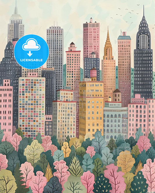 Uncover Iconic Cityscapes in Monochrome - A city landscape with trees and buildings