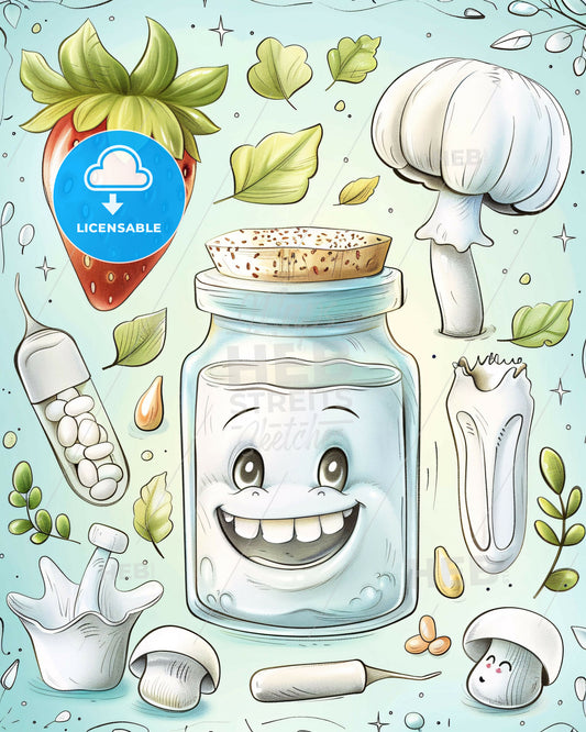 Medical Icons Sketch Art on Bright Paper - A cartoon of a jar with a smiling face and various objects
