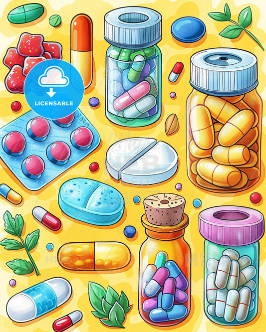 Sketchy Medical Icons on Bright Paper - A group of pills and capsules