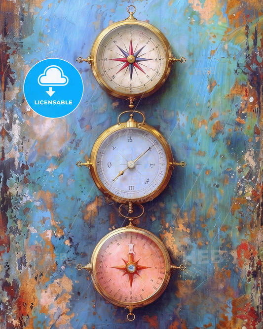 Black and White Sketch Navigation Icon Collection - A group of compasses on a blue wall